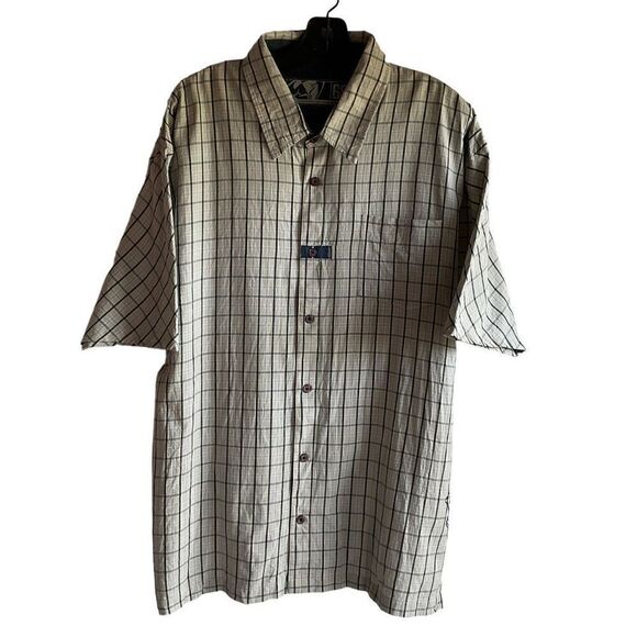 Thor 68 Shirt Button Down Plaid Tan Blue White Short Sleeve Graphic Logo Men XL - Picture 12 of 13